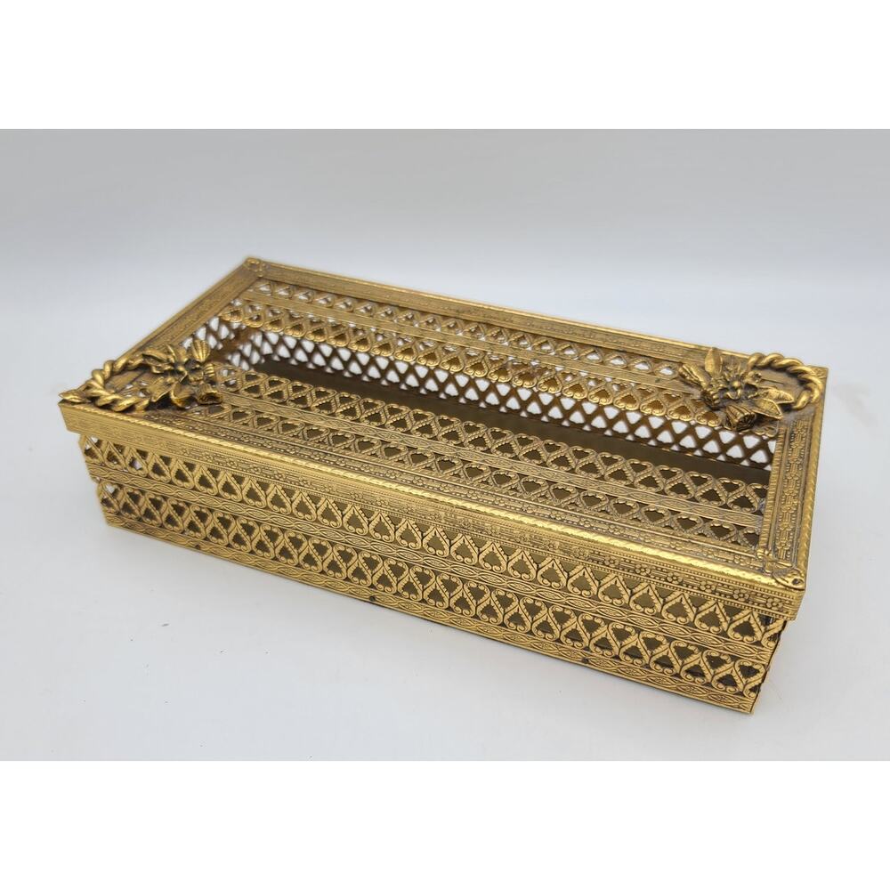 1960s Gold Gilt Pierced Metal Tissue Box Twisted Rope Wreaths Hollywood Regency